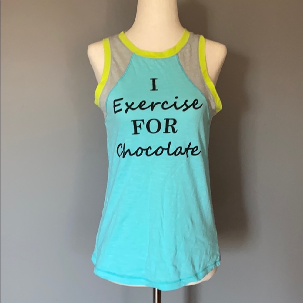 “I Exercise For Chocolate” Teal and Yellow Athletic Tank - Picture 2 of 5